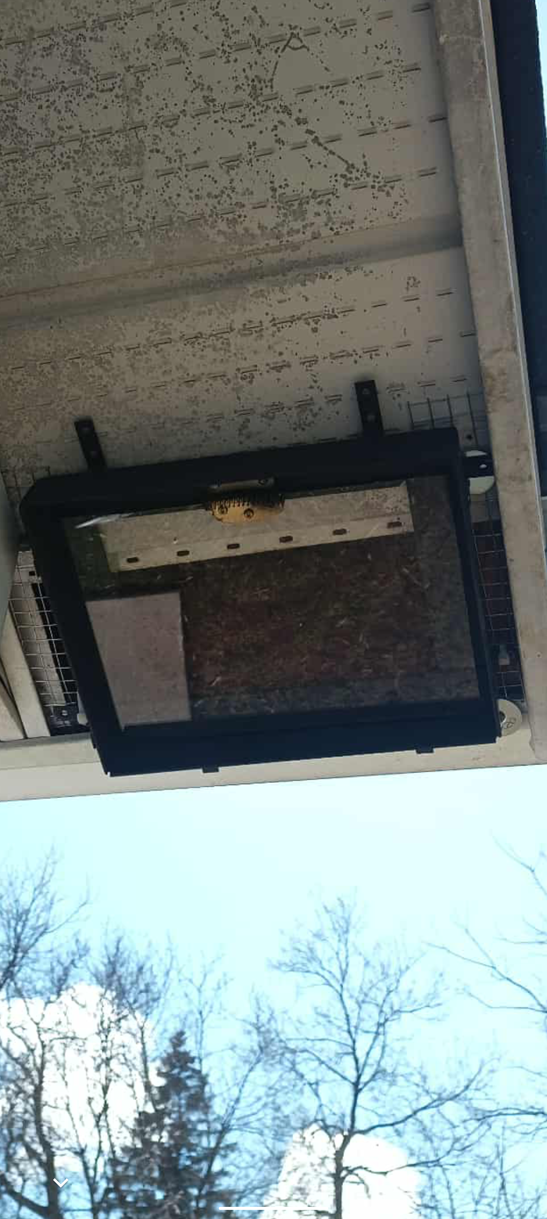 Old printer or electronic device mounted on ceiling with trees outside