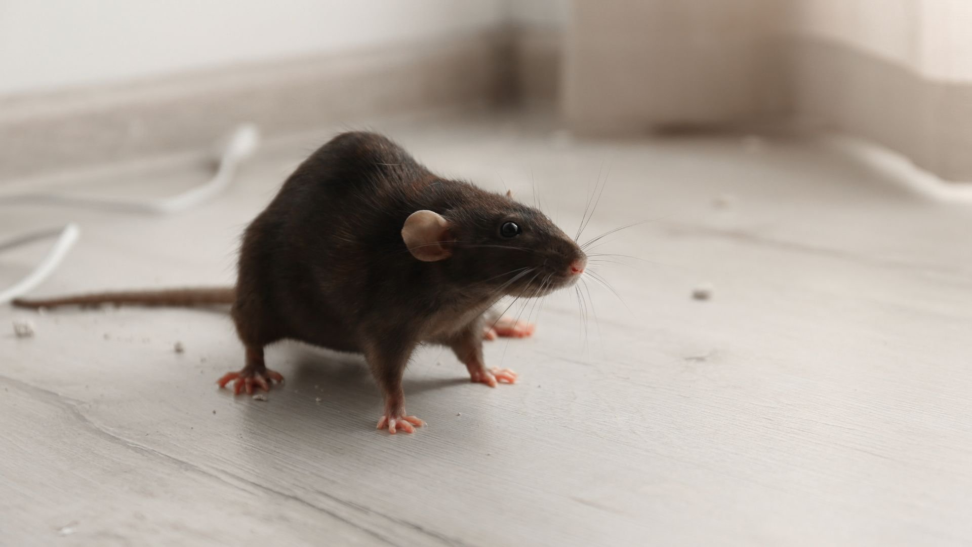 Black rat standing on a light surface, looking alert and curious